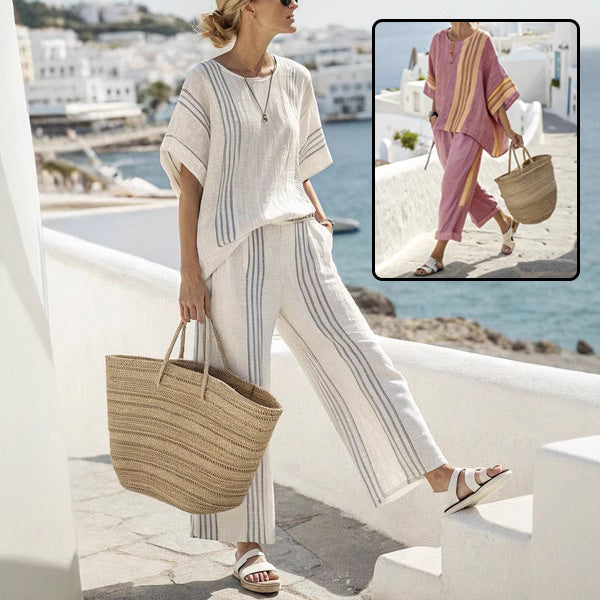Summer Striped Suits Loose Batwing Sleeve T-shirt And Solid Straight-leg Pants | Koalakits36