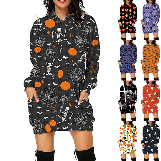 Halloween Print Long Hoodie With Pockets Sweater Long Sleeve