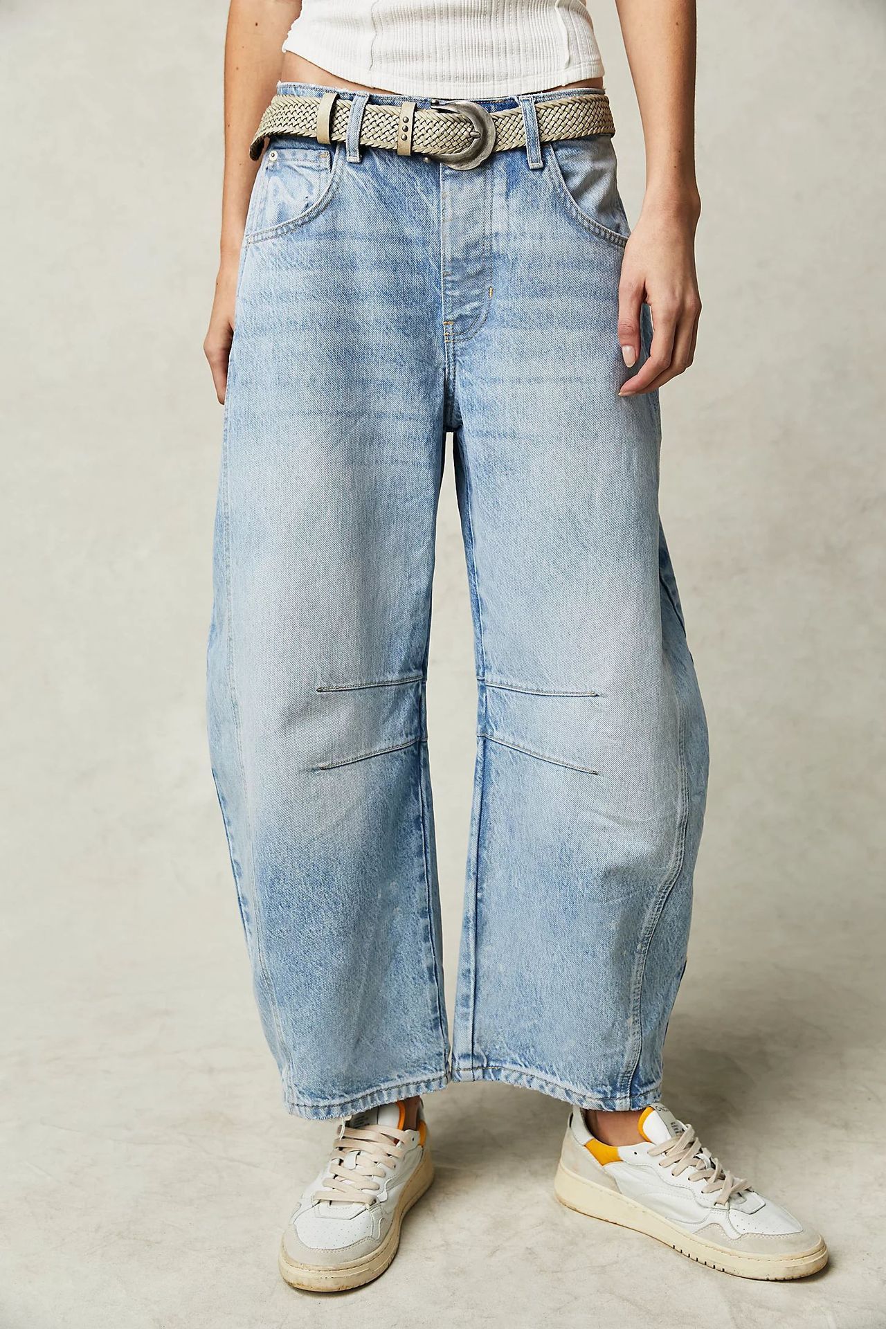 High Stretch Mid-Rise Barrel Jeans Fashion Wide Leg Shape Women Casual Baggy Mid Waist  | Koalakits36