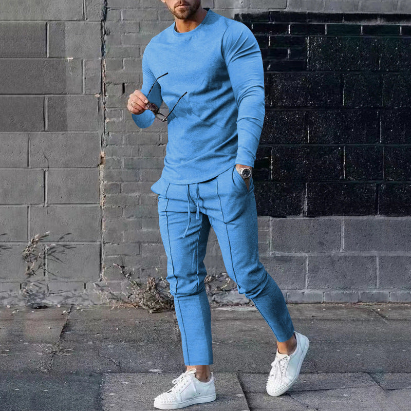 Men's Long-sleeved Suit Slim Crew Neck Pullover T-shirt And Pockets Drawstring Pants Casual Trousers Koalakits36