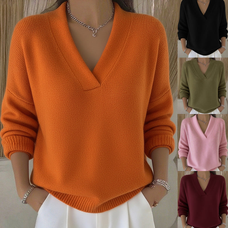 Women’s Elegant Soft V-Neck Long Sleeve Knitted Sweater