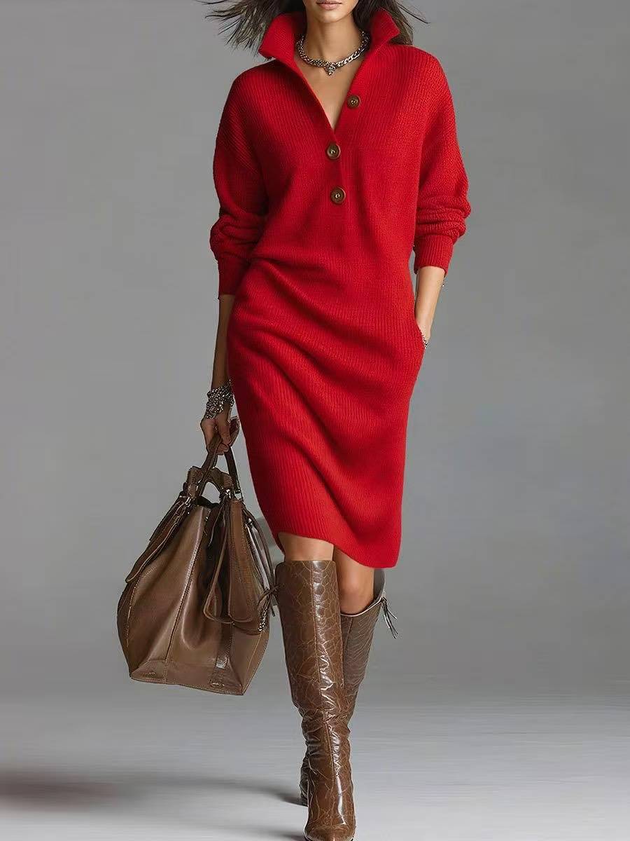 Long-sleeved Sweater Dress Fashion Warm Stand-up Collar V-neck Button Pullover Dresses Winter Casual Koalakits36