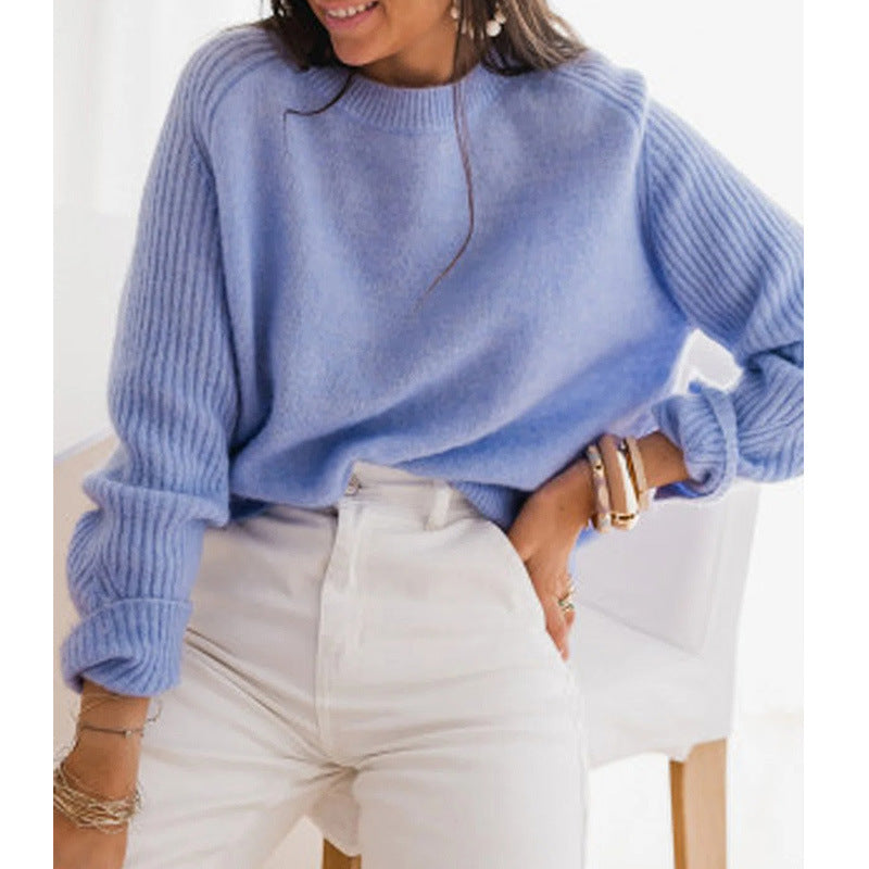 European Milk Blue Bedford Cord Sweater Women's Round-collar Long-sleeve Knitwear 