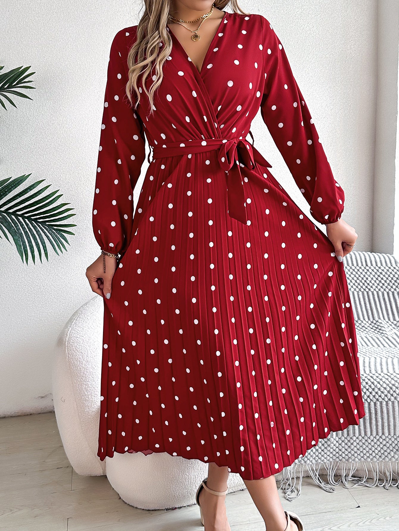 Spring Summer Elegant Long Dress Cross V-Neck Contrast Polka Dot Long Sleeve | Koalakits36