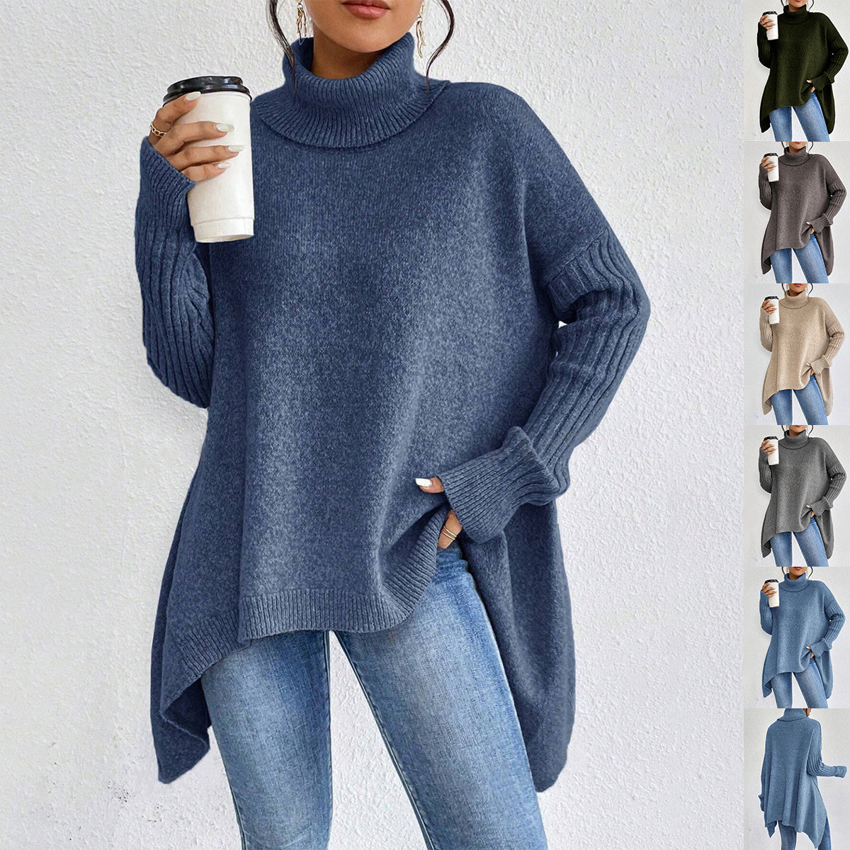 Irregular Turtleneck Sweater Winter Loose Long Sleeve Knitted Tops Leisure Warm Pullover Sweater Koalakits36