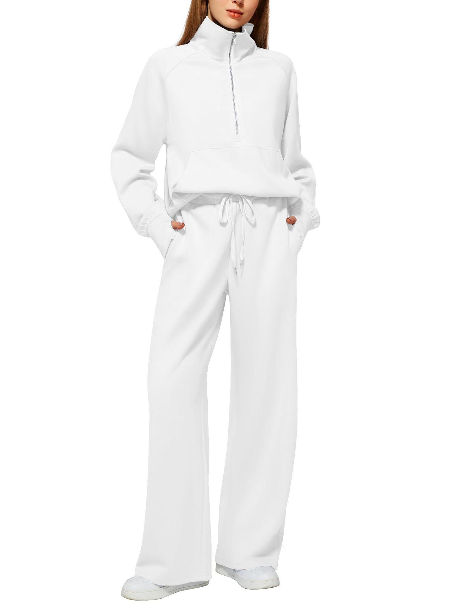Women’s Solid Color Half-Zip Sweatshirt & Wide Long Pants