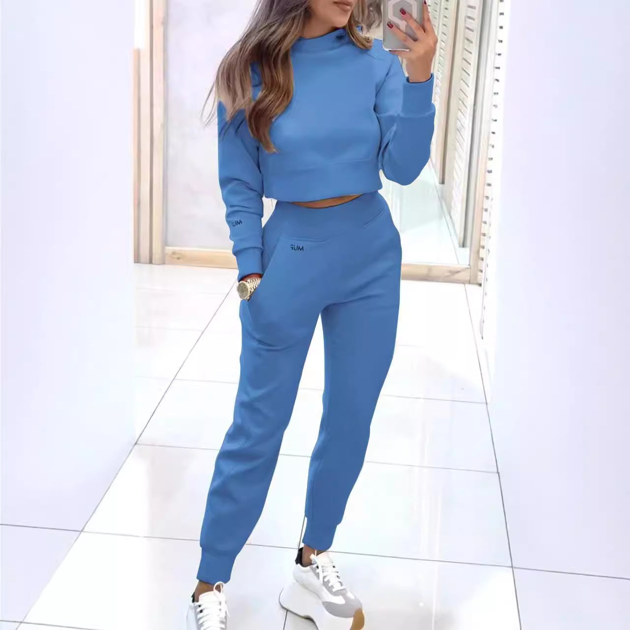 Sports Suit Fashion Pullover Long-sleeves Short Top And Slim Trousers With Pockets Solid Outfits Women's Clothing