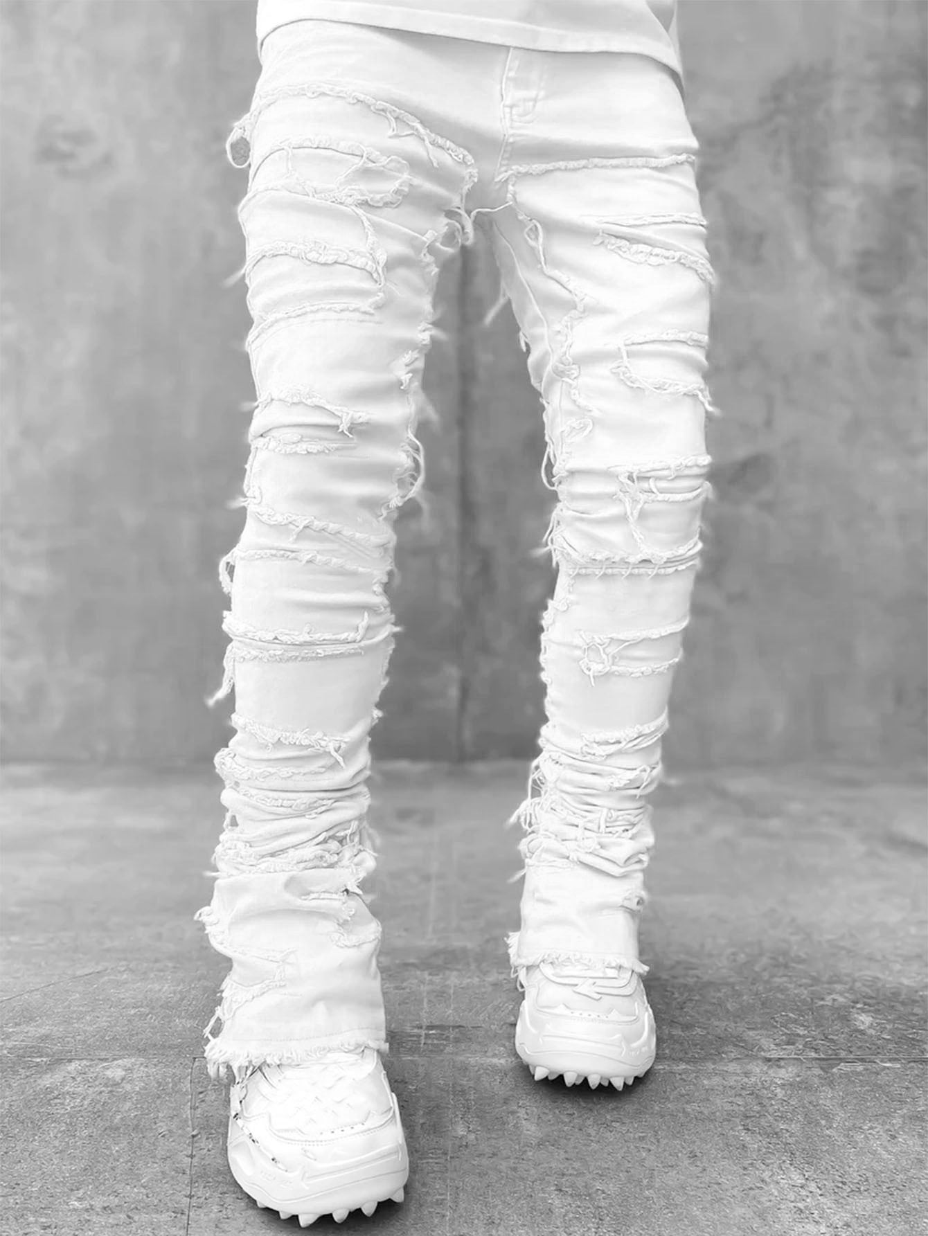 Fringes Ripped Trousers Individual Patched Pants Long Tight Fit Stacked Jeans For Mens Clothing Koalakits36