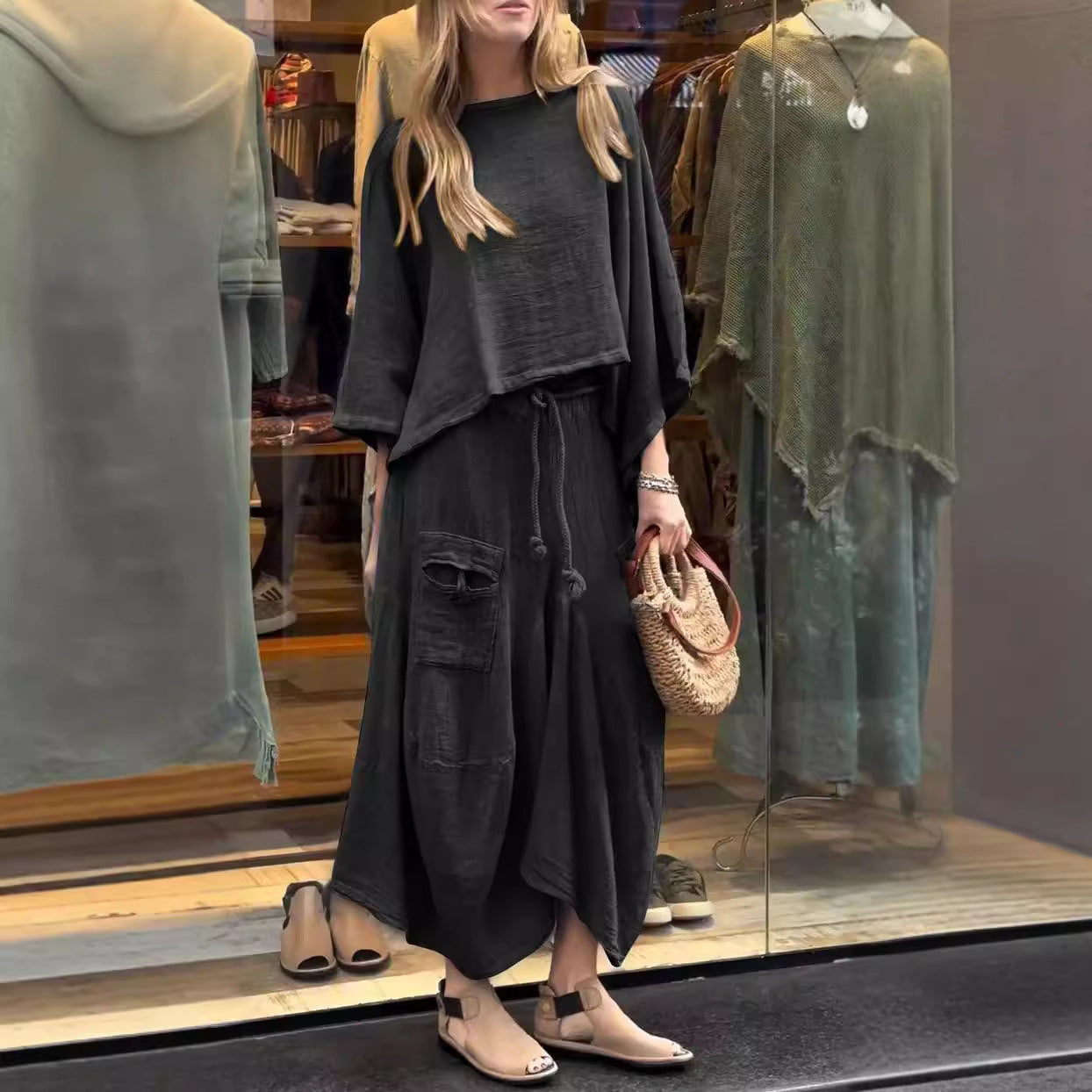 Loose-fitting Skirt Suit Fashion Solid Color Pullover Long-sleeved Top And Long Skirt Two-piece Set