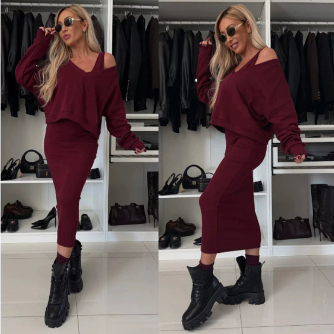 Women's Two Piece Dress Suit Fashion Long-sleeved  V-neck Pullover Sweatshirt And Sleeveless Dresses Set