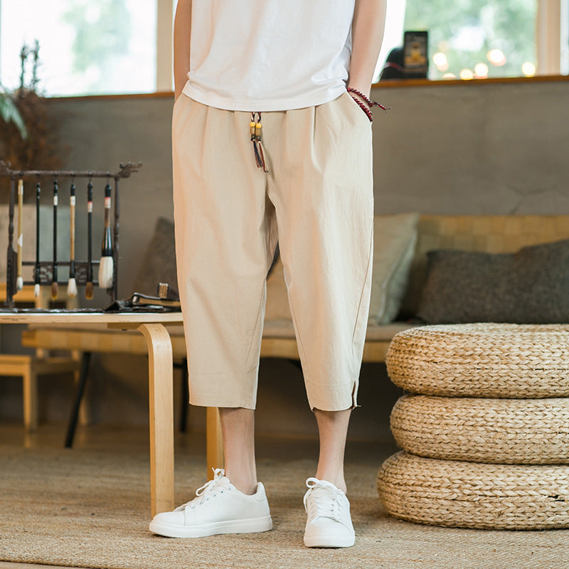 Mens Linen Capri Pants Casual And Loose-fit Shorts