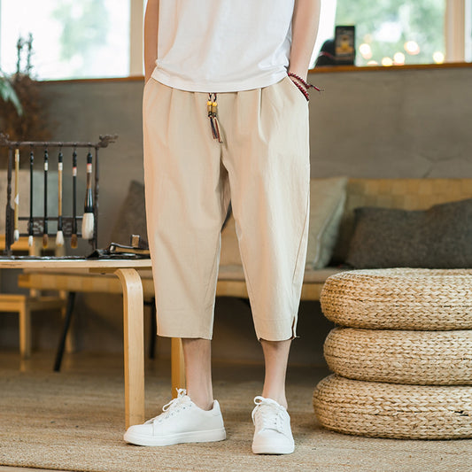 Mens Linen Capri Pants Casual And Loose-fit Shorts