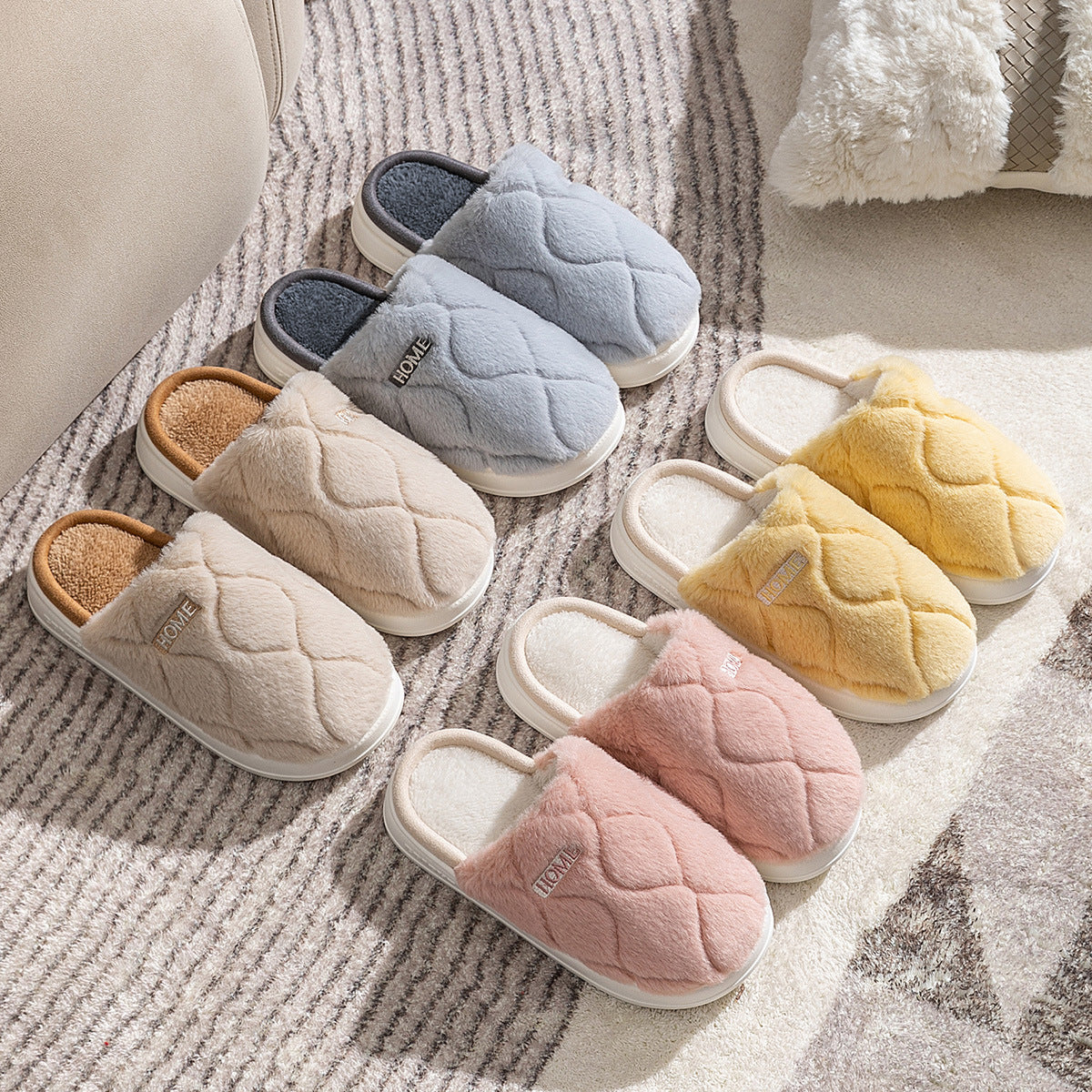 Plush Slippers Winter For Women Indoor Floor Bedroom Home Slipper Warm Solid House Shoes