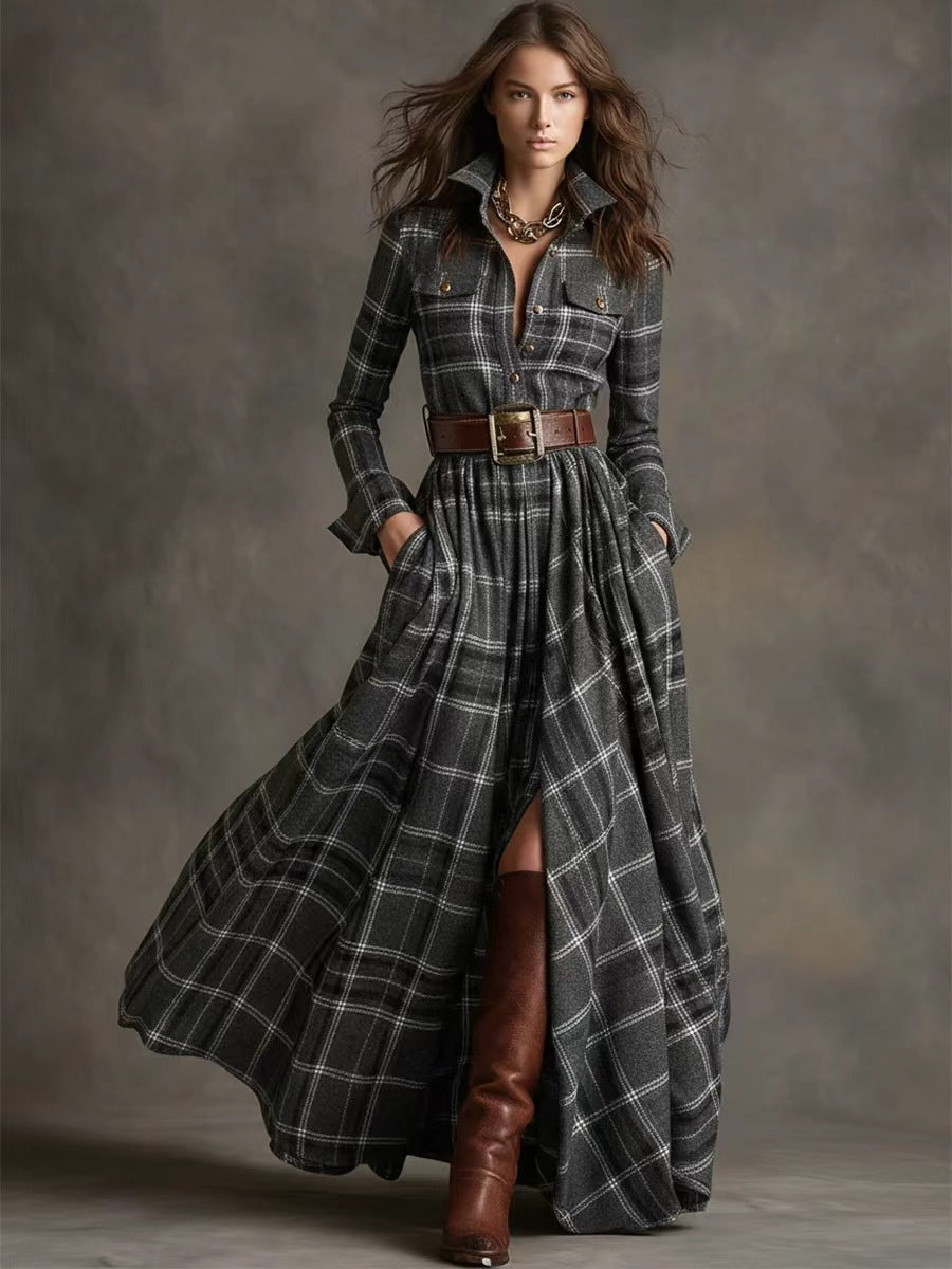 Plaid Print Long-Sleeved Dress Fashion Pockets Collared Buttons Shirt Long Dresses Retro Koalakits36