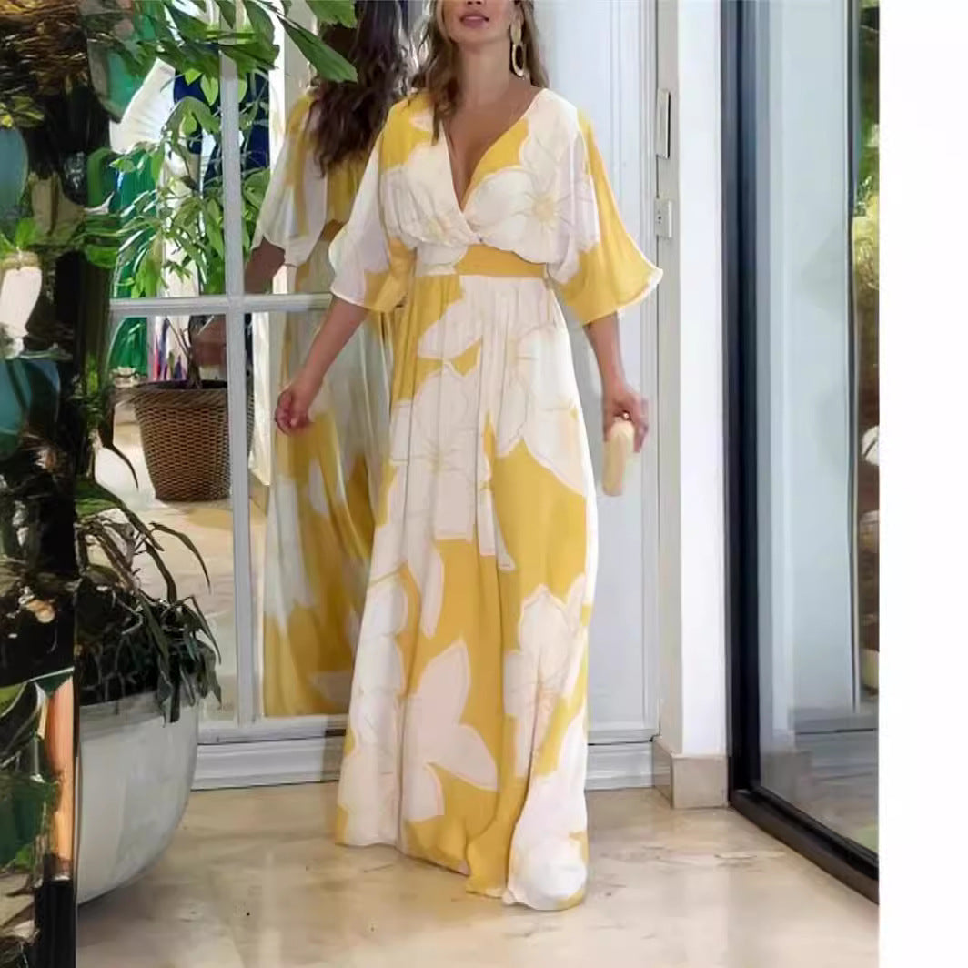 Flower Printed V-neck Batwing-sleeved Dress Fashion Elegant  Backless | Koalakits36