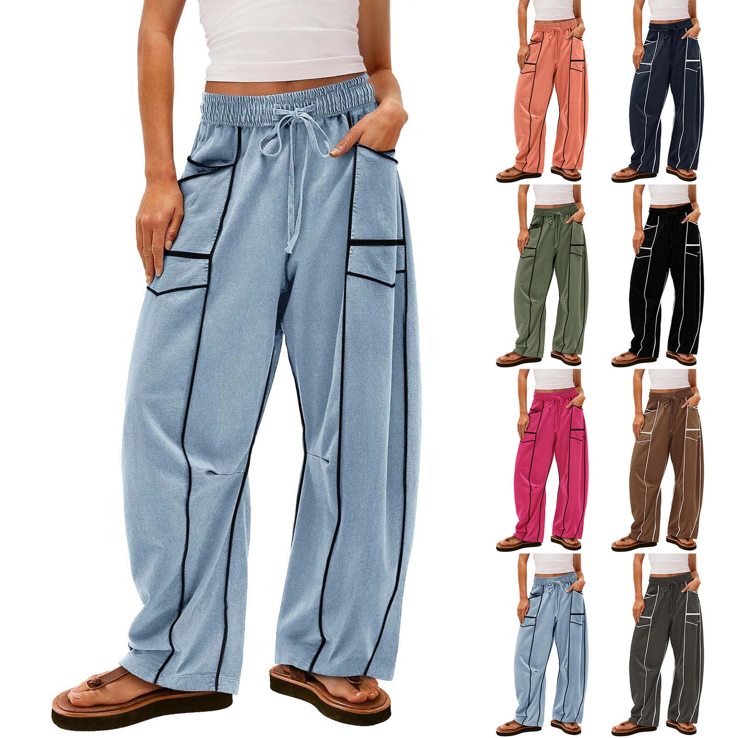  BLACK STRIPED WIDE-LEG PANTS WITH POCKETS FASHION LOOSE DRAWSTRING TROUSERS | Koalakits36
