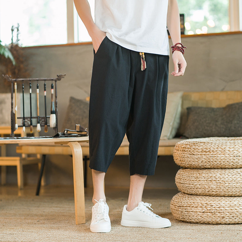 Mens Linen Capri Pants Casual And Loose-fit Shorts