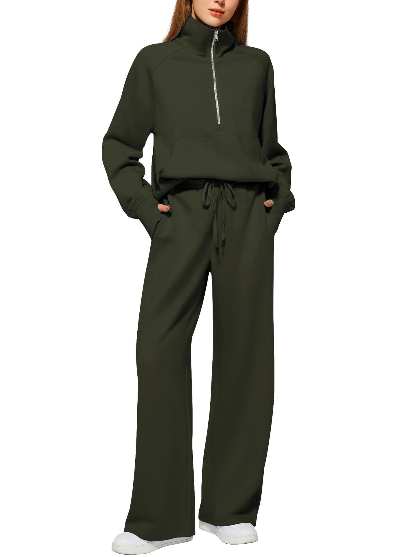 Women’s Solid Color Half-Zip Sweatshirt & Wide Long Pants