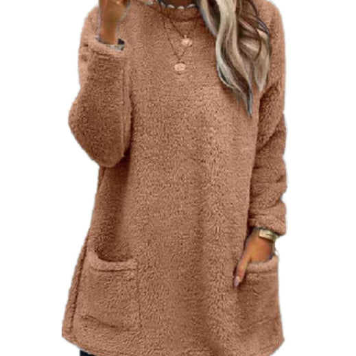 Women's Fleece Pullover Long Sweater With Pockets with Hoodie Winter Warm Thicken Casual Long Sleeve Plush Loose Tops Koalakits36