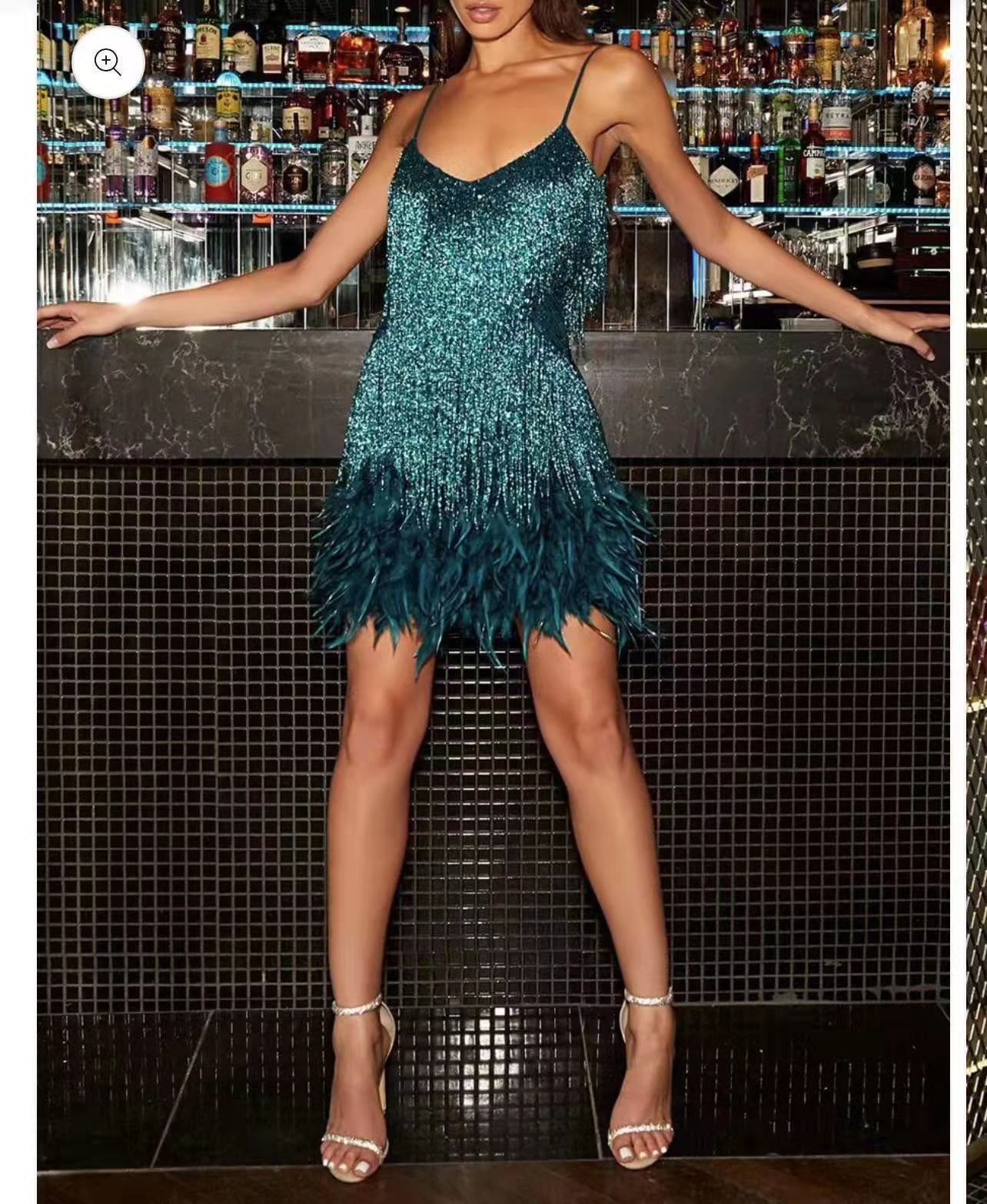 Sexy Tassel Sequins Feather Summer Mini Dress Women V Neck Spaghetti Strap Stitching Dresses Female Elegant Evening Party Club Dress
