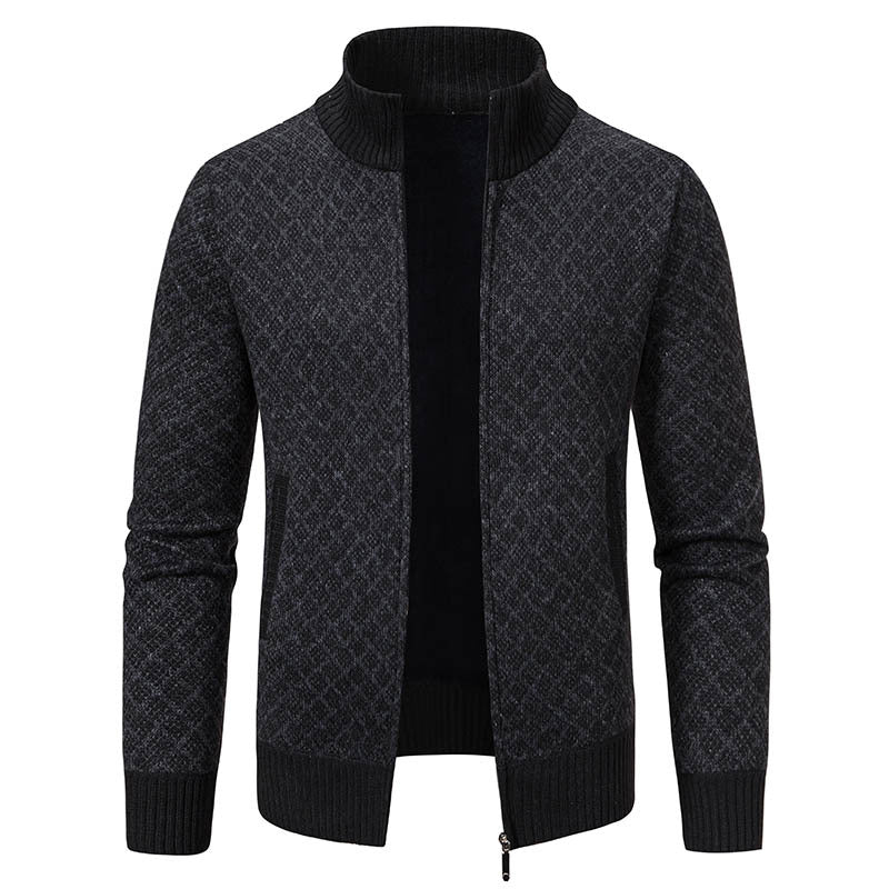 Thickened Plaid Print Jacket Cardigan Fashion Slim Fit Zipper Stand Collar Sweater Winter Men's Casual Long Sleeve Koalakits36