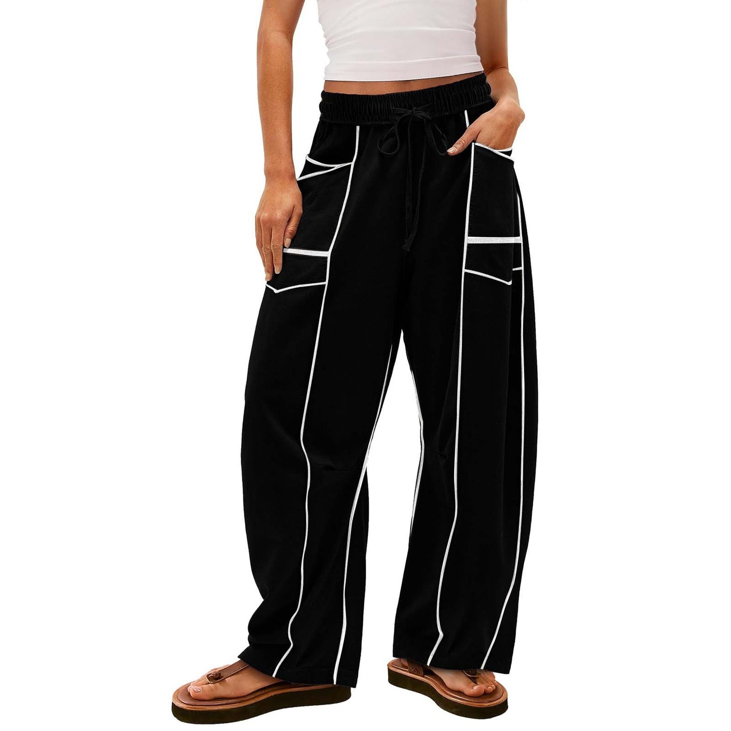  BLACK STRIPED WIDE-LEG PANTS WITH POCKETS FASHION LOOSE DRAWSTRING TROUSERS | Koalakits36