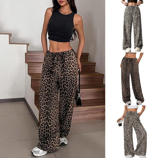 Leopard Print High Waisted Wide-Leg Pants Elegant Drawstring Loose Long Trousers | Koalakits36