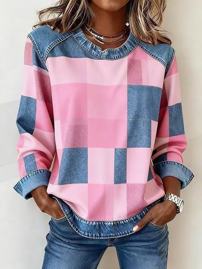 Denim Patchwork Sweatshirt for Women | Long Sleeve Pullover