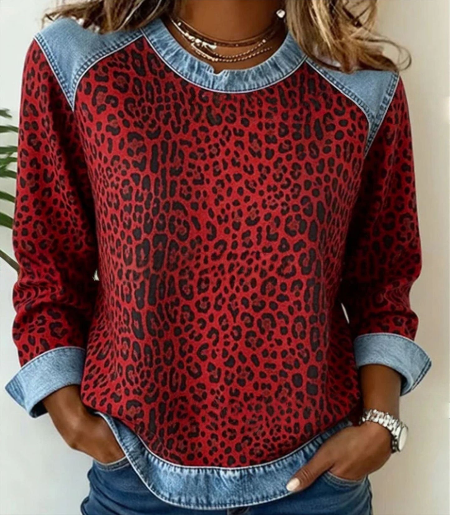 Denim Patchwork Sweatshirt for Women | Long Sleeve Pullover