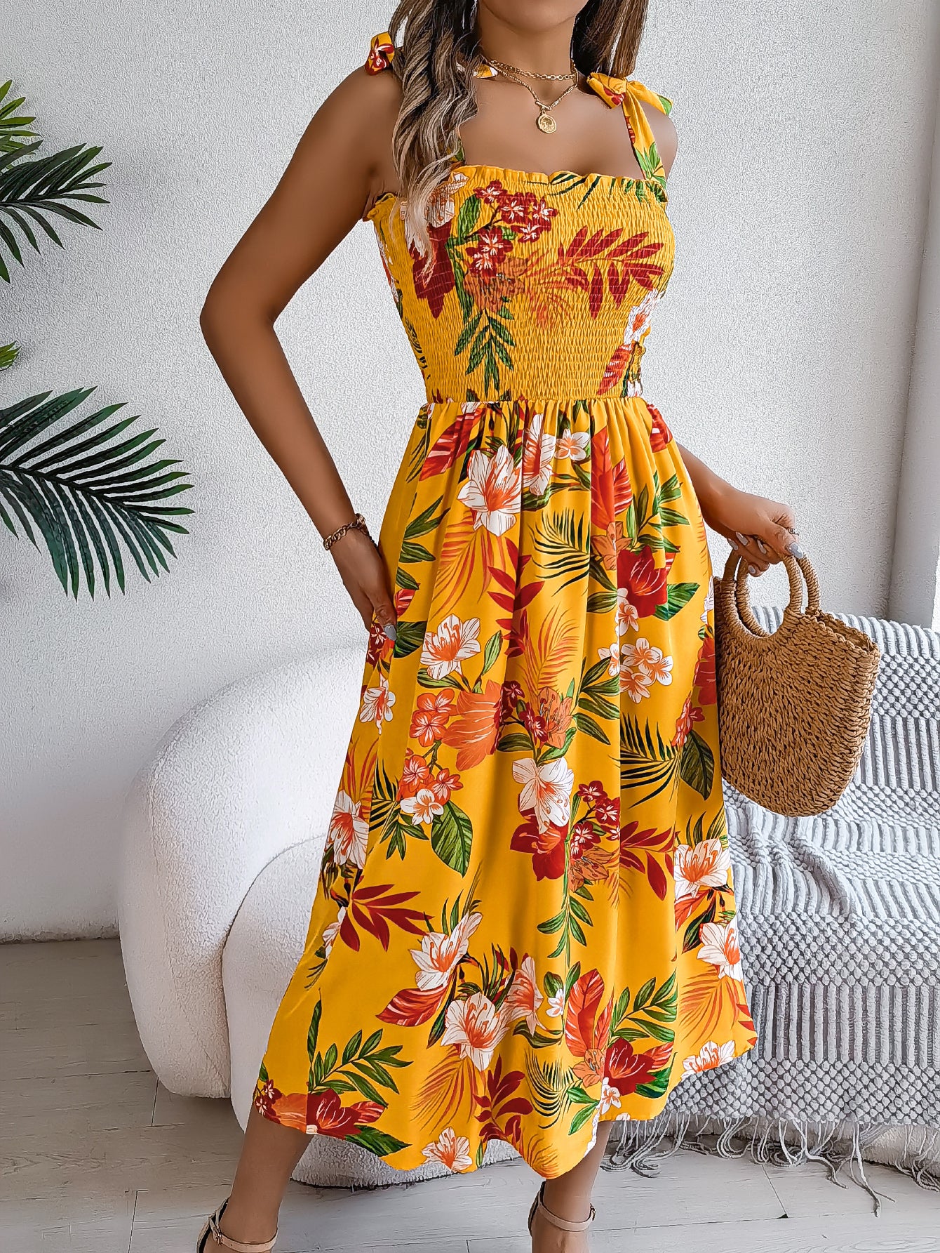 Women's Floral Print Tie Waist Camisole Beach Vacation Maxi Dress