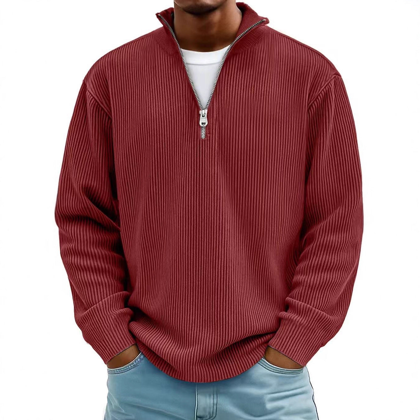 Corduroy Zipper Stand Collar Sweatshirt Fashion Warm Solid Color Long Sleeve Top Men's Casual Polo Shirt Koalakits36