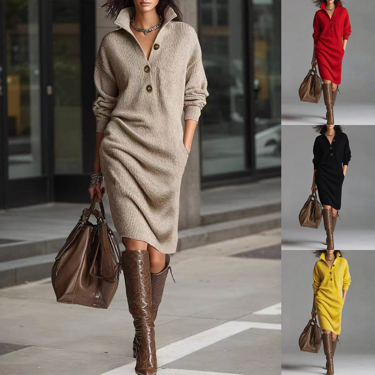Long-sleeved Sweater Dress Fashion Warm Stand-up Collar V-neck Button Pullover Dresses Winter Casual Koalakits36
