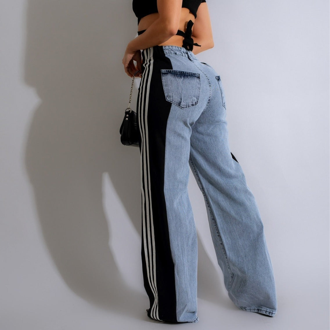 Fashion Casual High Waist Elastic Straight Leg Trousers Three Stripe Patchwork Denim Wide Leg Pants