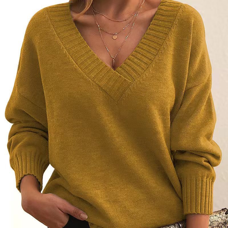 Solid V-neck Sweater Fashion Loose Long-sleeved Knitted Women's Tops Koalakits36