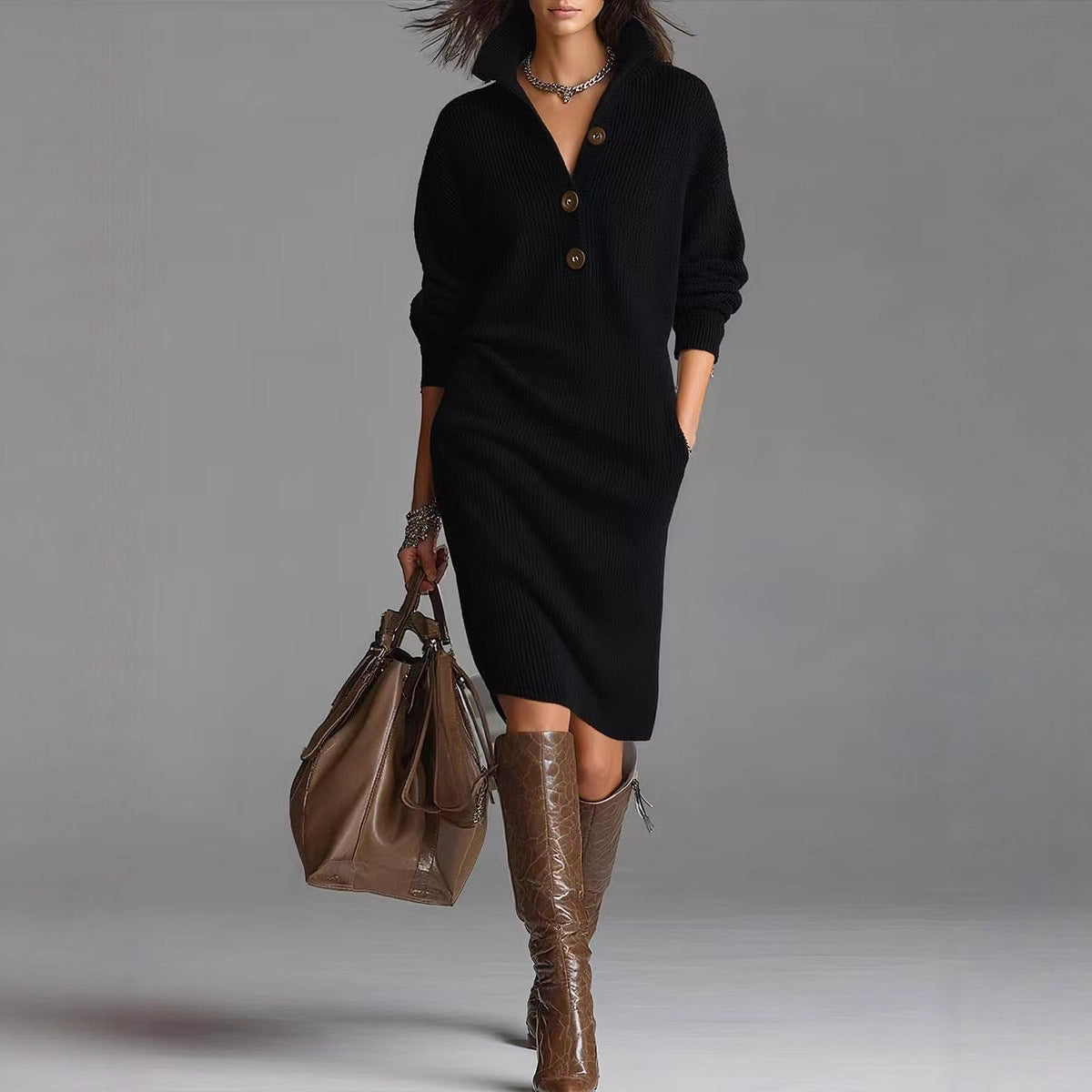 Long-sleeved Sweater Dress Fashion Warm Stand-up Collar V-neck Button Pullover Dresses Winter Casual Koalakits36
