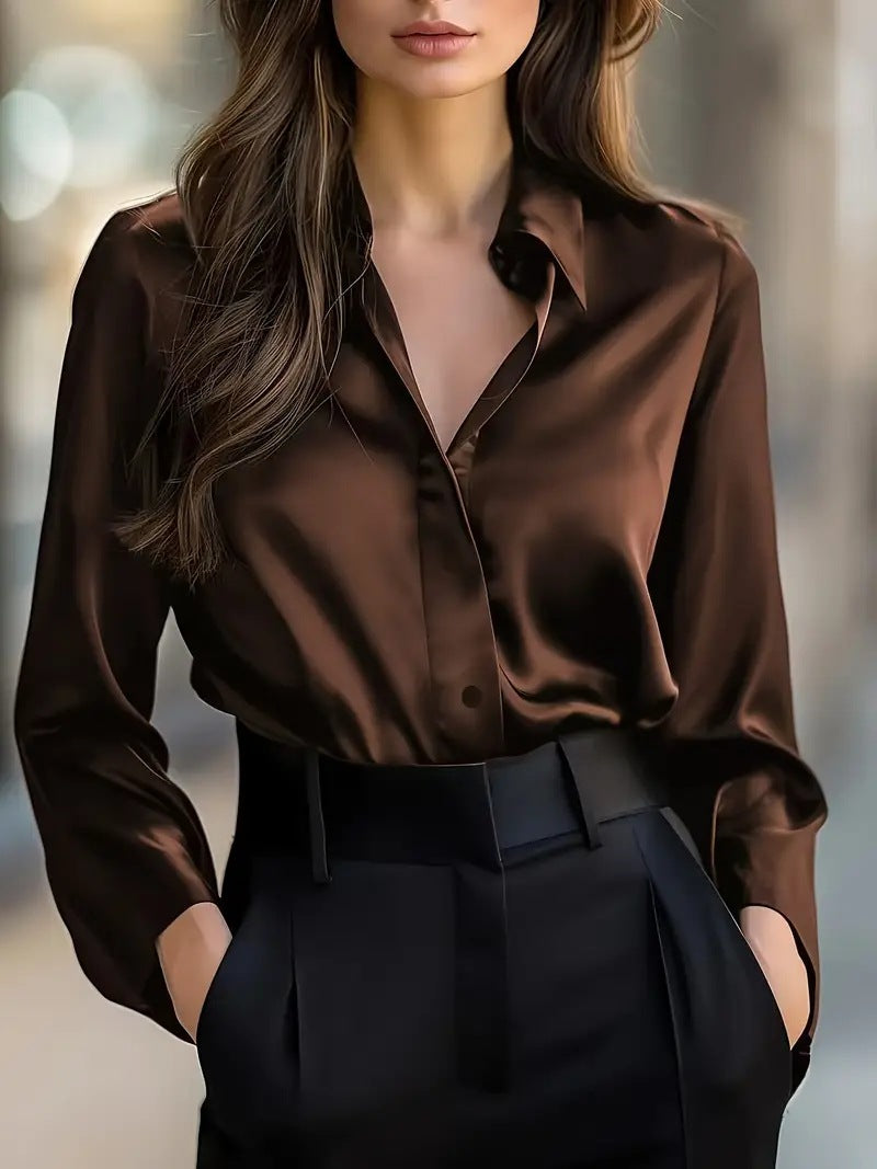 Elegant Satin Long Sleeve Blouse For Women Button-Up Collar Shirt Perfect For Casual Professional Business Work Wear Koalakits36