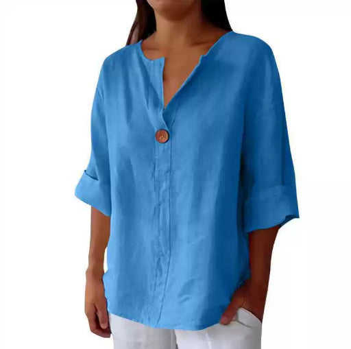 V-neck Long-sleeved T-shirt Fashion Loose Cotton And Linen Button Tops | Koalakits36