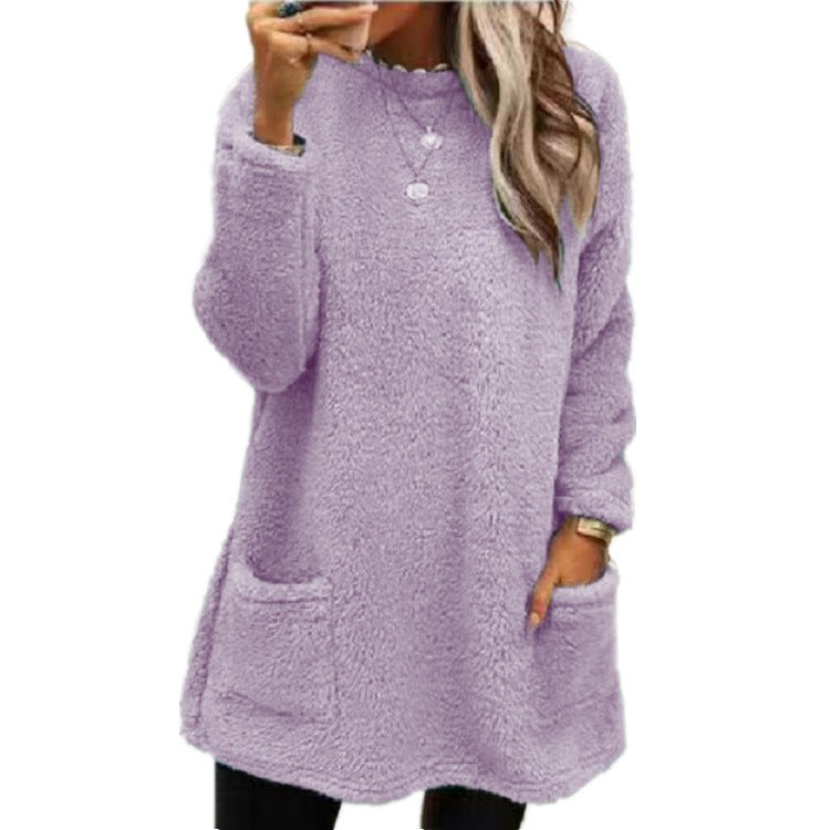 Women's Fleece Pullover Long Sweater With Pockets with Hoodie Winter Warm Thicken Casual Long Sleeve Plush Loose Tops Koalakits36