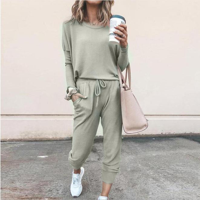 Women's Long Sleeve Suit Fashion Pullover Top And Pockets Drawstring Long Pants Solid Color Casual Sports Trouser Suit Clothing Koalakits36
