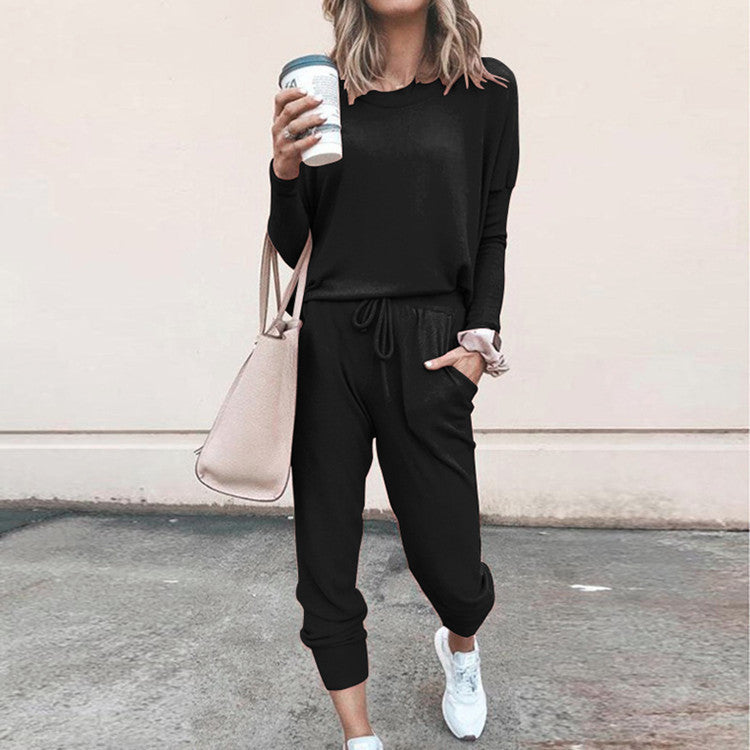 Women's Long Sleeve Suit Fashion Pullover Top And Pockets Drawstring Long Pants Solid Color Casual Sports Trouser Suit Clothing Koalakits36