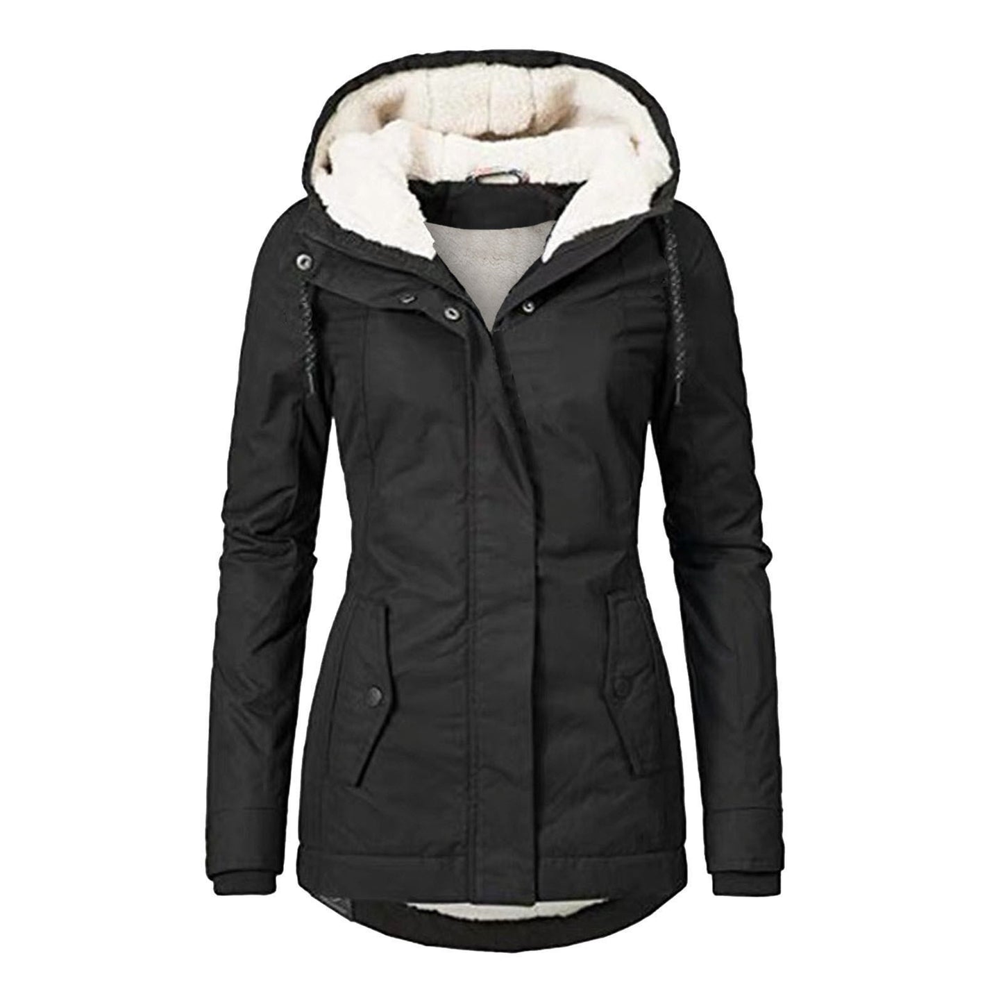Winter Hooded Jacket Solid Color Warm Buckle Zip-up Fleece Jacket With Pockets Women's Casual Jacket Koalakits36