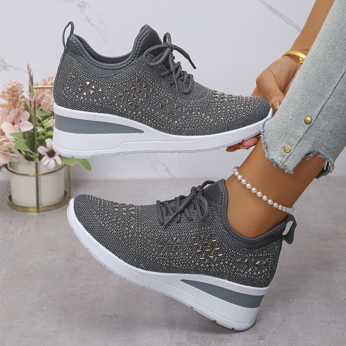 Rhinestone Sneakers Fashion Lace Up Wedges Casual Shoes Women's Daily Commuting Sports Shoes Koalakits36