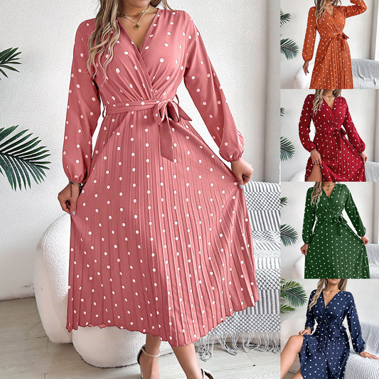Spring Summer Elegant Long Dress Cross V-Neck Contrast Polka Dot Long Sleeve | Koalakits36