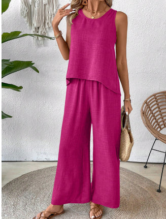 2 Pieces Set Women's Sleeveless Solid Color Back Hollow Lace Suit Summer Trendy Casual Top Wide Leg Pants Set For Daily Wear Holiday Outfit