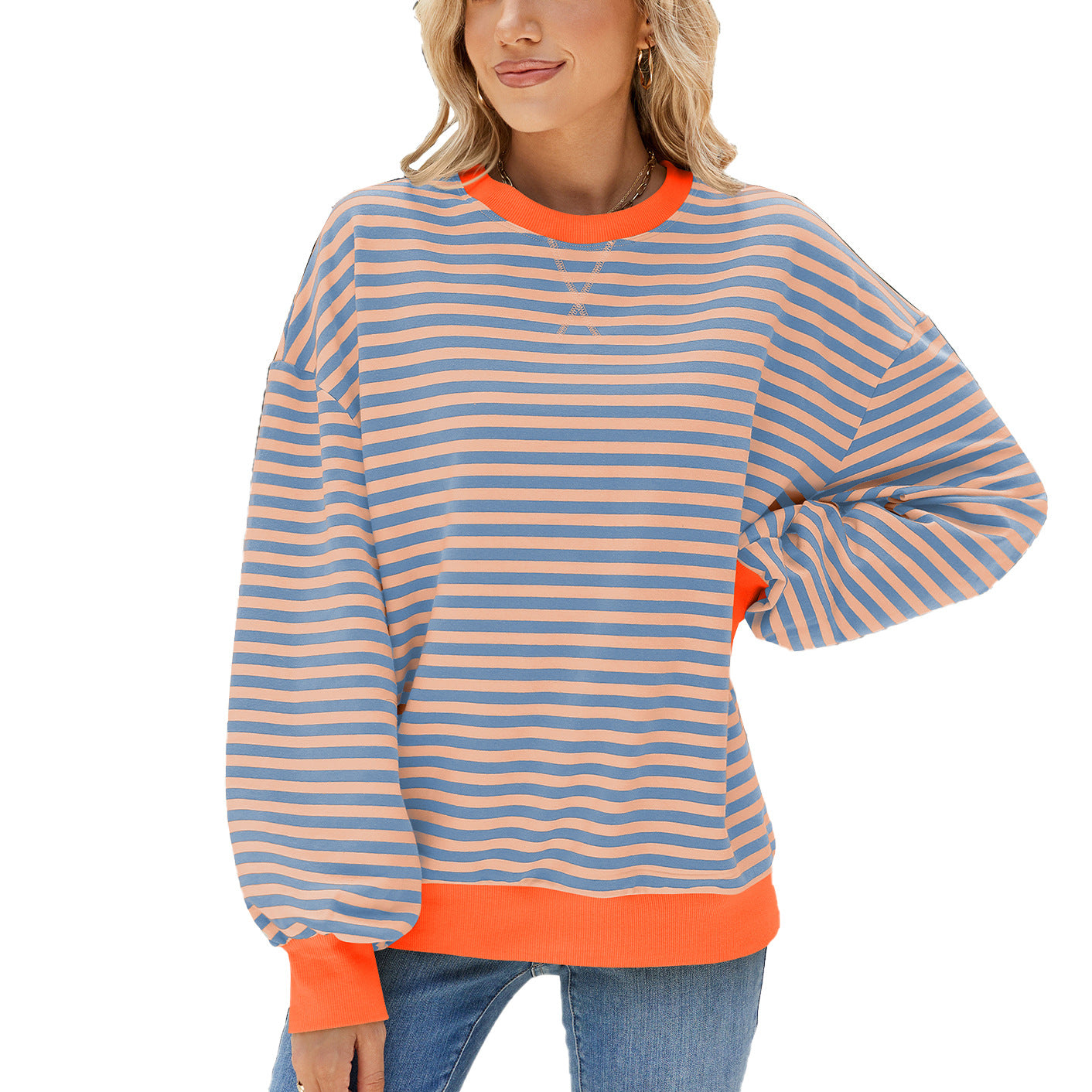 Women's Stripes Round Neck Contrast Color Loose Long Sleeve Sweatshirt