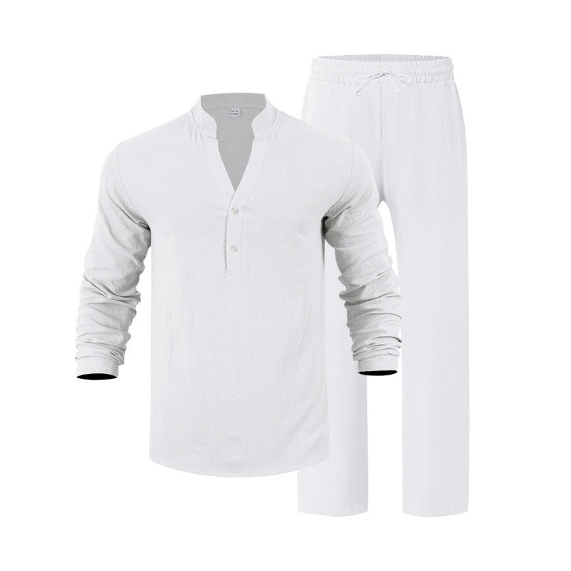 Mens Loose-Fit Long-sleeved Suit Casual Breathable V-Neck Henley Shirt And Long Pants Set Beach Clothing