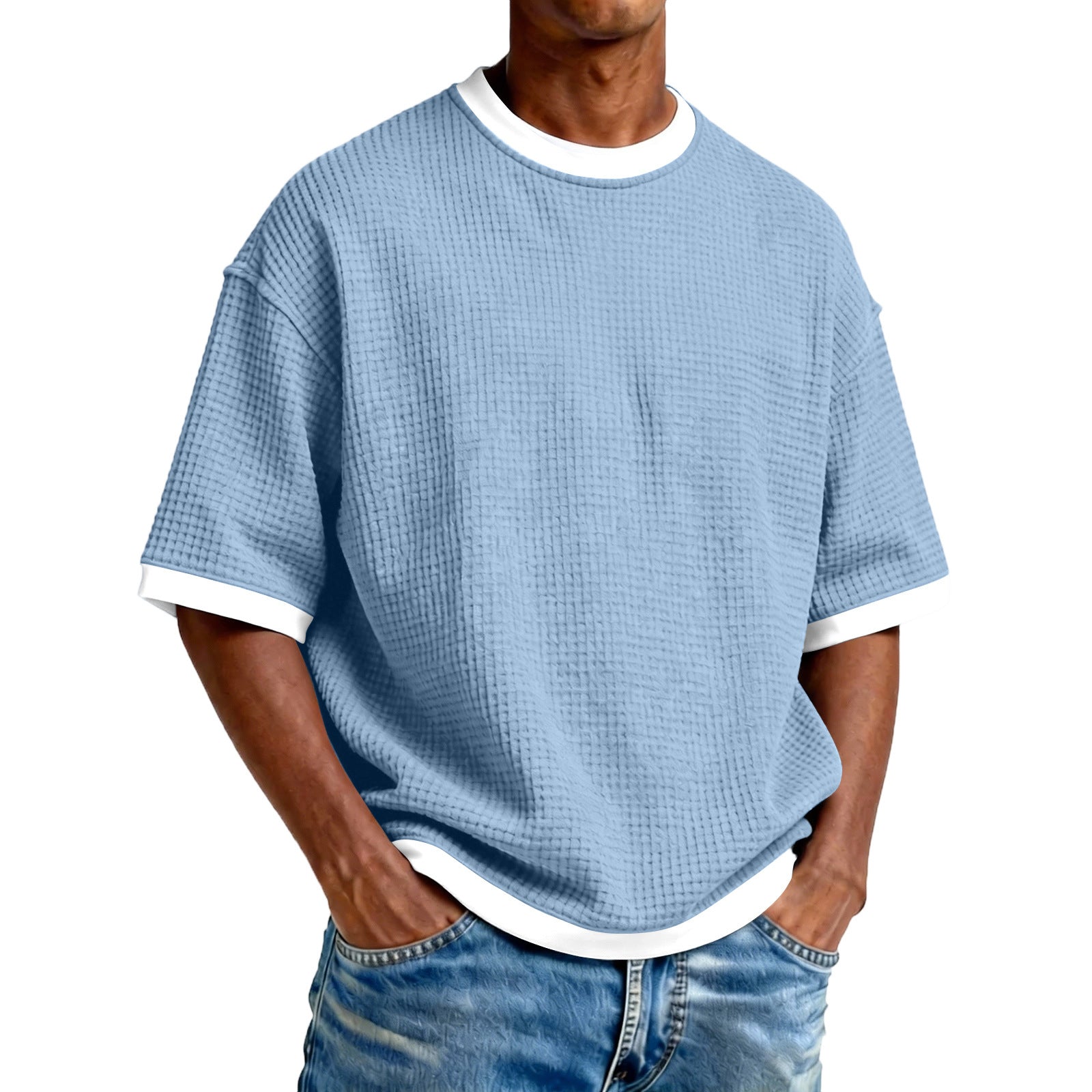 Men's Crew Neck Contrast Color Casual T-Shirt - Cotton Blend Lightweight Short Sleeve Top For Daily Wear