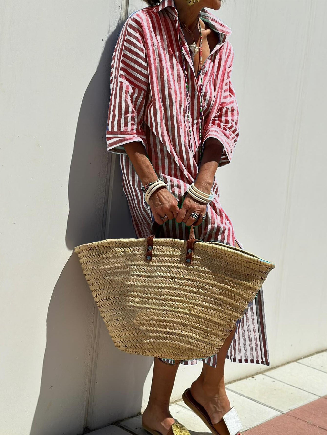 Striped Shirt Dress With Belt Fashion Half-sleeved Lapel Button Cardigan Dresses