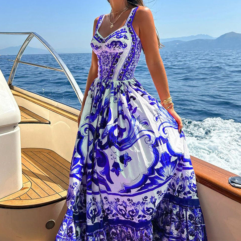Printed Sleeveless Dress Fashion Spaghetti Waist-controlled Large Hem Dresses For Women | Koalakits36