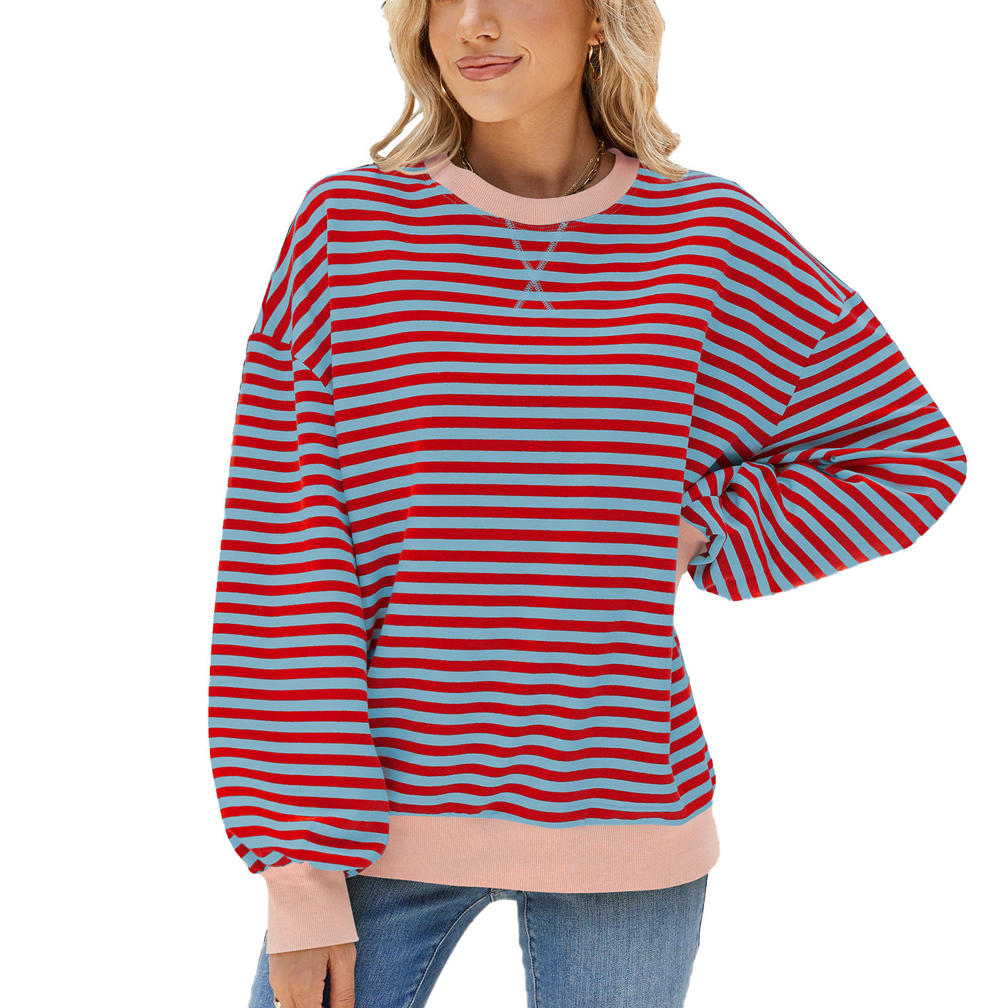 Women's Stripes Round Neck Contrast Color Loose Long Sleeve Sweatshirt
